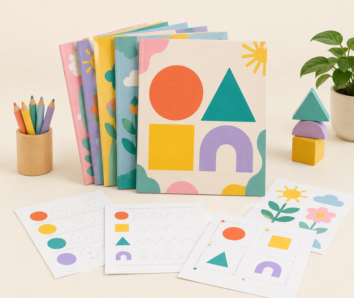 Pack ilustrado de cuadernos y fichas imprimibles con figuras de colores